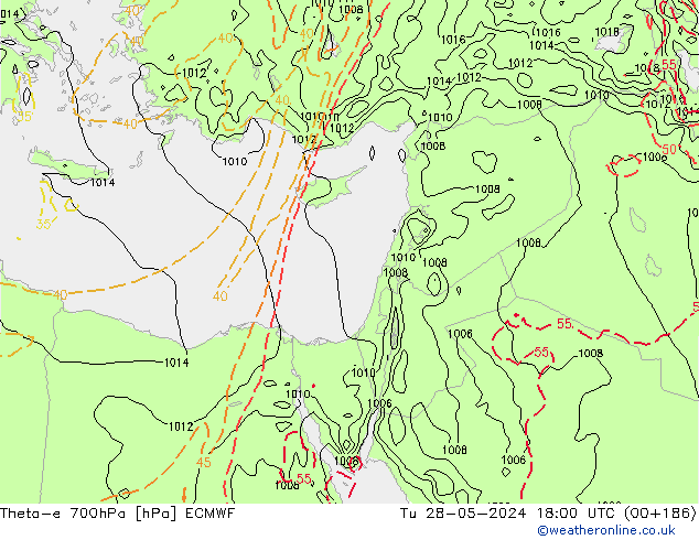 Theta-e 700hPa ECMWF Út 28.05.2024 18 UTC