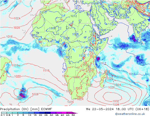Precipitation (6h) ECMWF St 22.05.2024 00 UTC