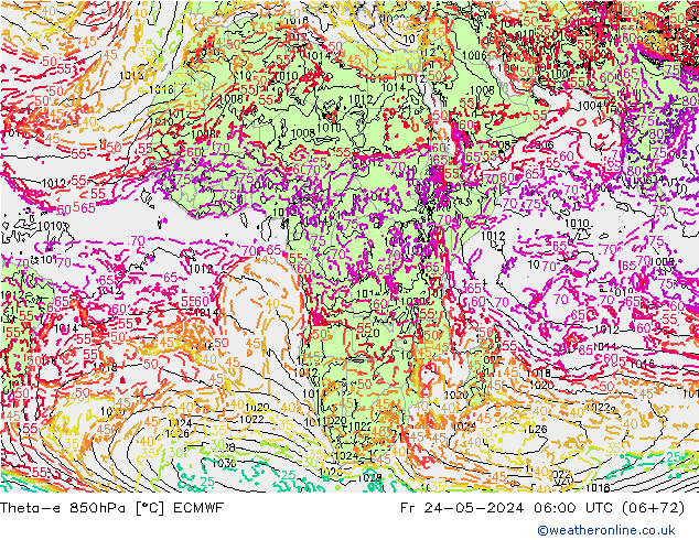Theta-e 850hPa ECMWF Sex 24.05.2024 06 UTC
