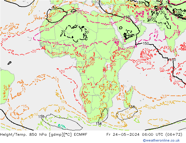 Geop./Temp. 850 hPa ECMWF vie 24.05.2024 06 UTC