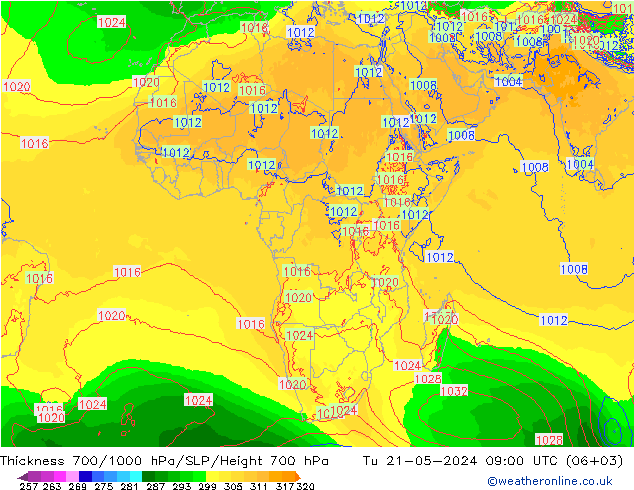 Thck 700-1000 hPa ECMWF Tu 21.05.2024 09 UTC