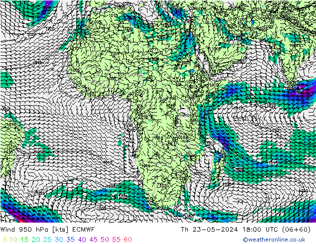 Prec 6h/Wind 10m/950 ECMWF  23.05.2024 18 UTC