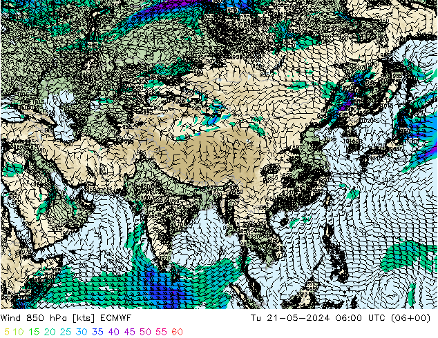 Wind 850 hPa ECMWF Tu 21.05.2024 06 UTC