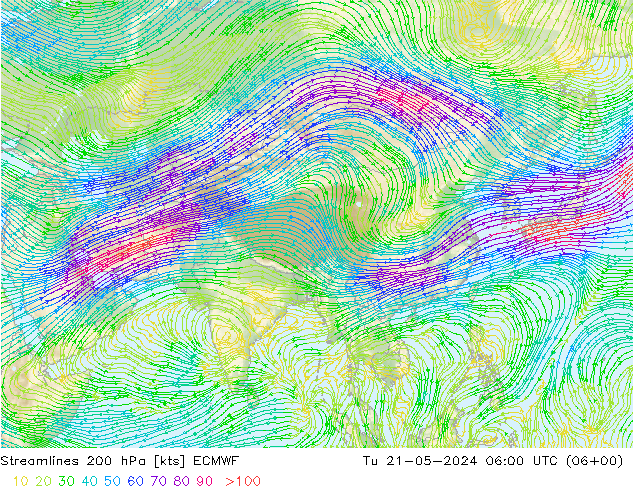 Linea di flusso 200 hPa ECMWF mar 21.05.2024 06 UTC