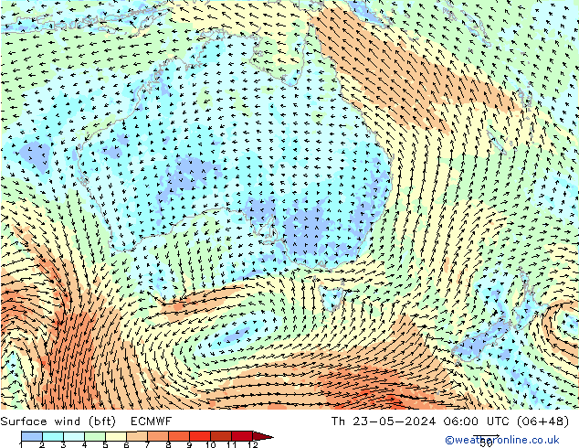 Rüzgar 10 m (bft) ECMWF Per 23.05.2024 06 UTC