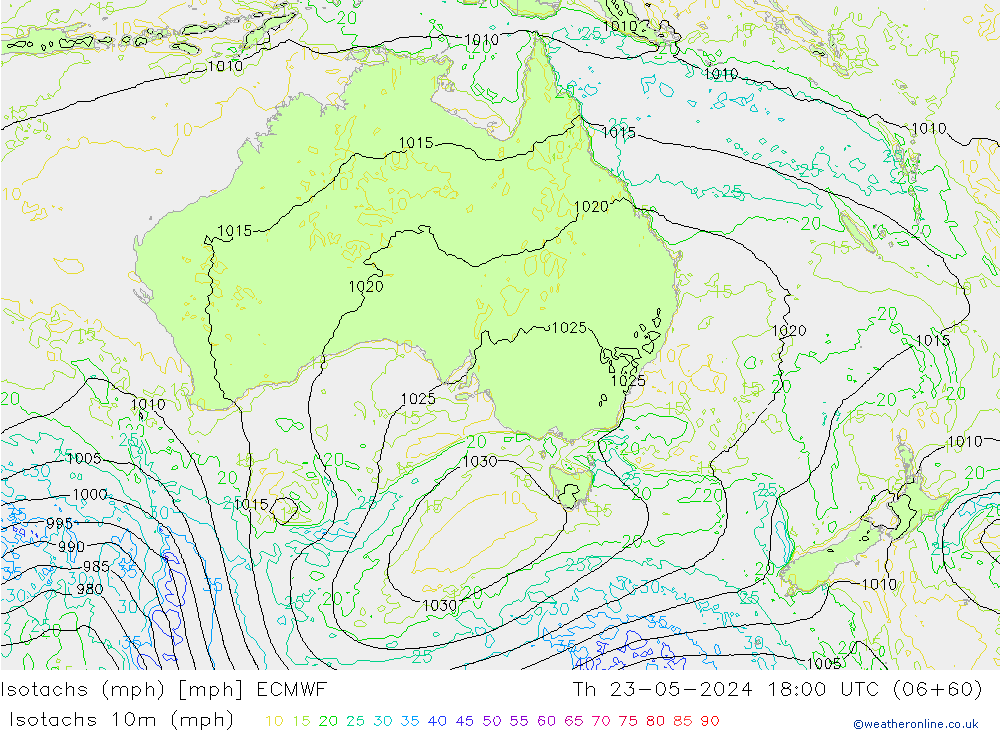 Isotachs (mph) ECMWF jeu 23.05.2024 18 UTC
