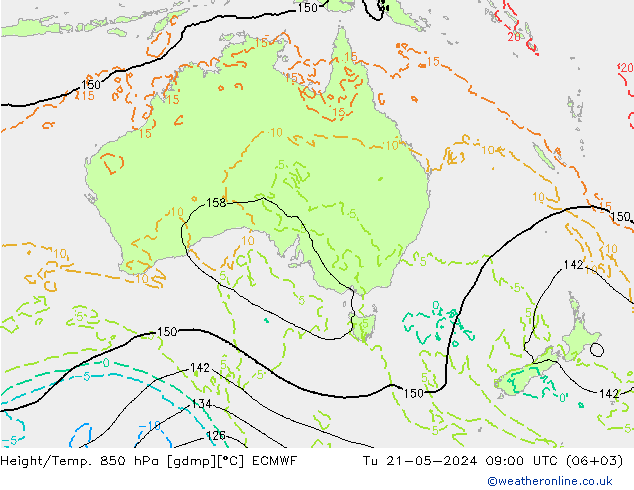 Height/Temp. 850 гПа ECMWF вт 21.05.2024 09 UTC