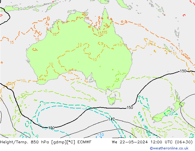 Height/Temp. 850 hPa ECMWF We 22.05.2024 12 UTC