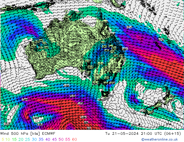 ветер 500 гПа ECMWF вт 21.05.2024 21 UTC