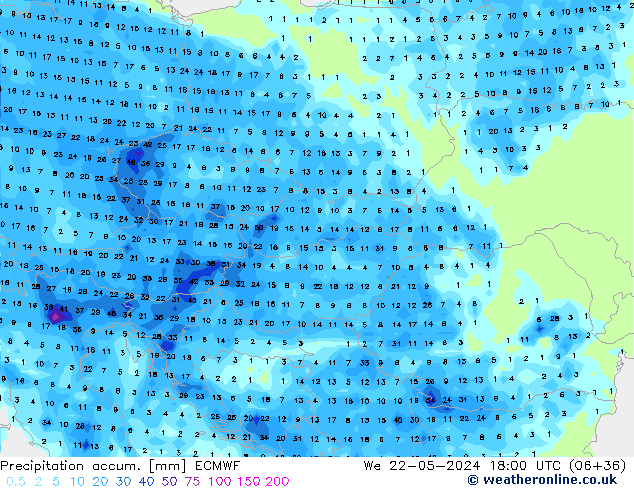 Totale neerslag ECMWF wo 22.05.2024 18 UTC