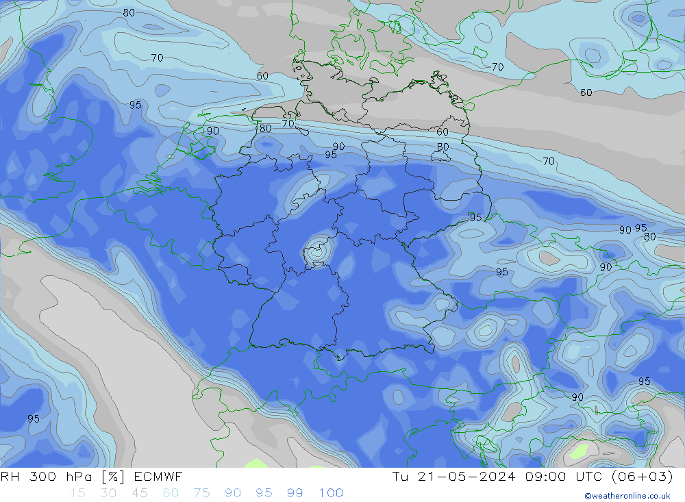 Humedad rel. 300hPa ECMWF mar 21.05.2024 09 UTC