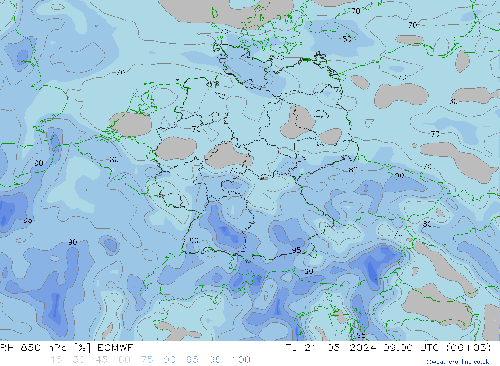 RH 850 hPa ECMWF 星期二 21.05.2024 09 UTC