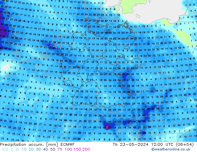 Precipitation accum. ECMWF czw. 23.05.2024 12 UTC