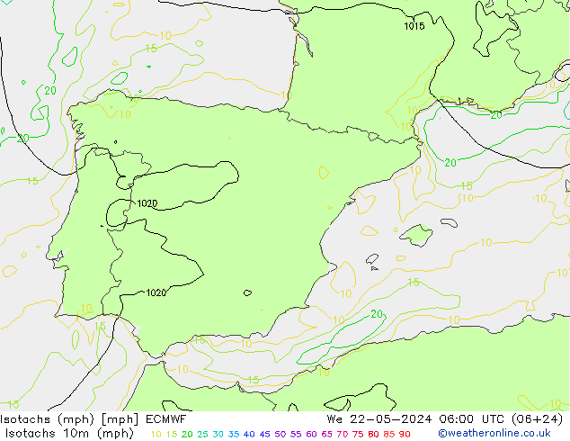 Isotachs (mph) ECMWF Qua 22.05.2024 06 UTC