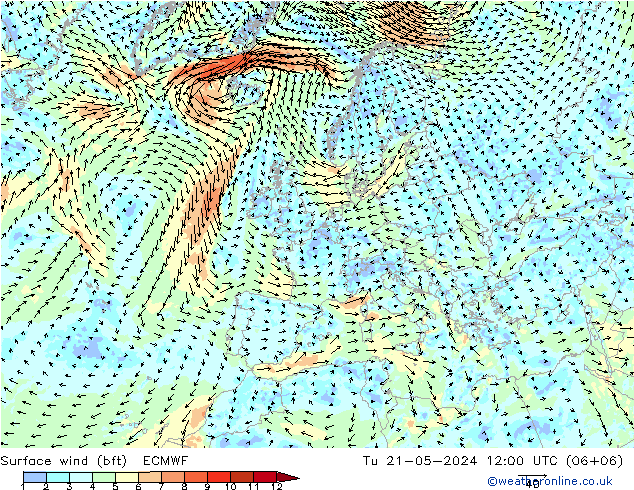 Surface wind (bft) ECMWF Tu 21.05.2024 12 UTC