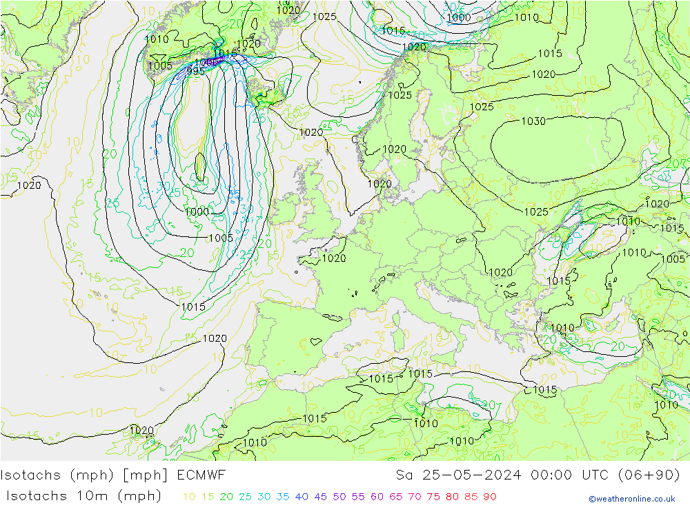 Isotachs (mph) ECMWF So 25.05.2024 00 UTC