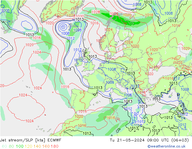 Polarjet/Bodendruck ECMWF Di 21.05.2024 09 UTC