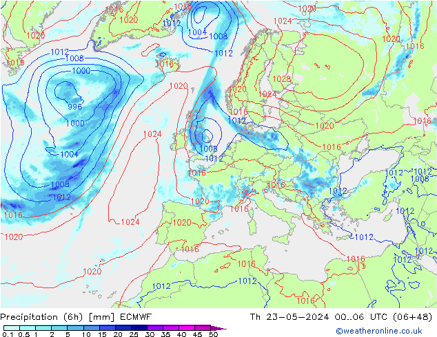 Z500/Rain (+SLP)/Z850 ECMWF Čt 23.05.2024 06 UTC