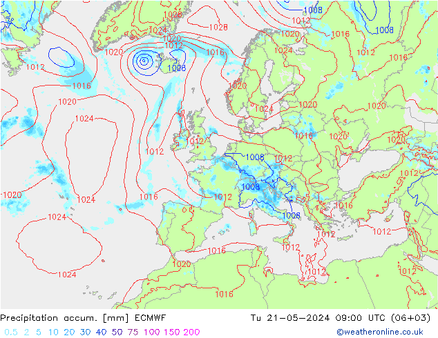 Precipitation accum. ECMWF Tu 21.05.2024 09 UTC
