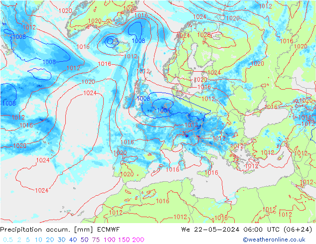 Precipitation accum. ECMWF mer 22.05.2024 06 UTC