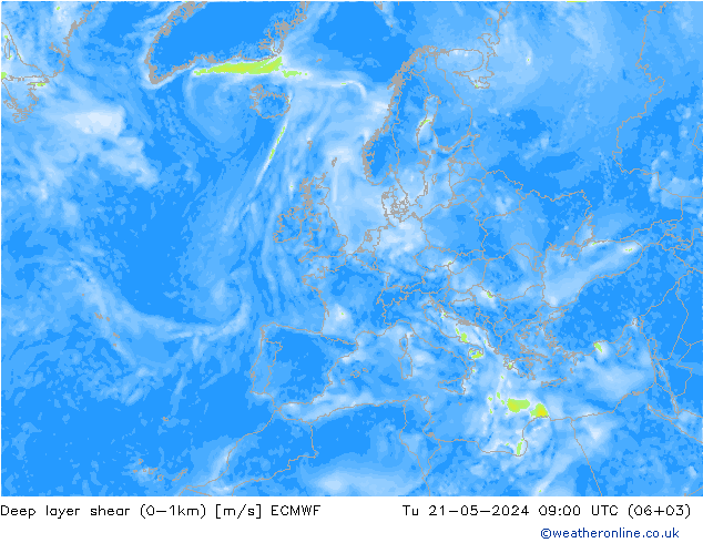Deep layer shear (0-1km) ECMWF Di 21.05.2024 09 UTC