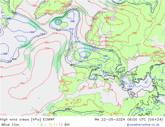 Windvelden ECMWF wo 22.05.2024 06 UTC