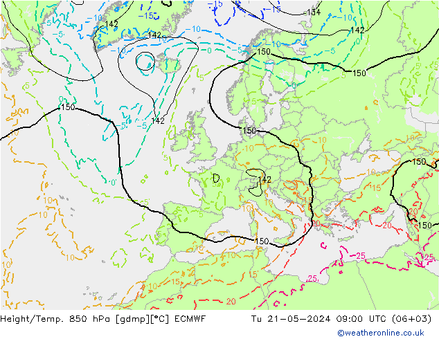 Hoogte/Temp. 850 hPa ECMWF di 21.05.2024 09 UTC