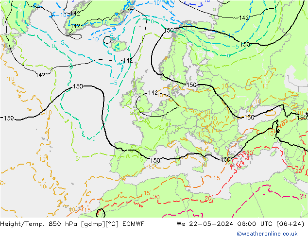 Z500/Yağmur (+YB)/Z850 ECMWF Çar 22.05.2024 06 UTC