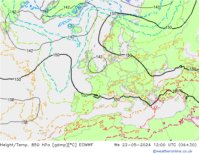 Z500/Rain (+SLP)/Z850 ECMWF Mi 22.05.2024 12 UTC