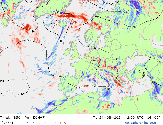 T-Adv. 850 hPa ECMWF Tu 21.05.2024 12 UTC