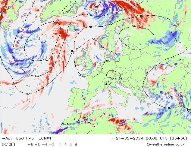 T-Adv. 850 hPa ECMWF Fr 24.05.2024 00 UTC