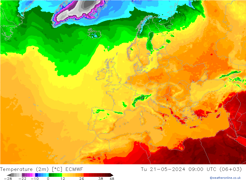 Temperaturkarte (2m) ECMWF Di 21.05.2024 09 UTC