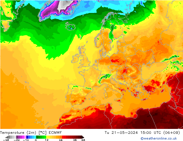 Temperatuurkaart (2m) ECMWF di 21.05.2024 15 UTC