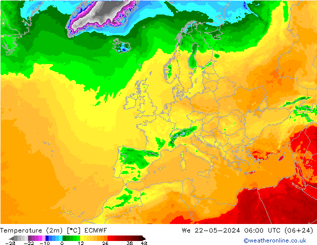 Temperature (2m) ECMWF We 22.05.2024 06 UTC