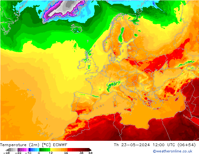 Temperatura (2m) ECMWF jue 23.05.2024 12 UTC