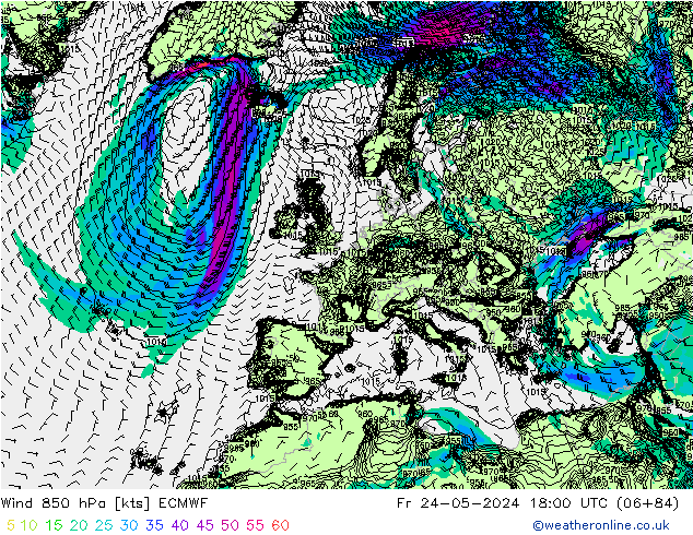 Wind 850 hPa ECMWF Fr 24.05.2024 18 UTC