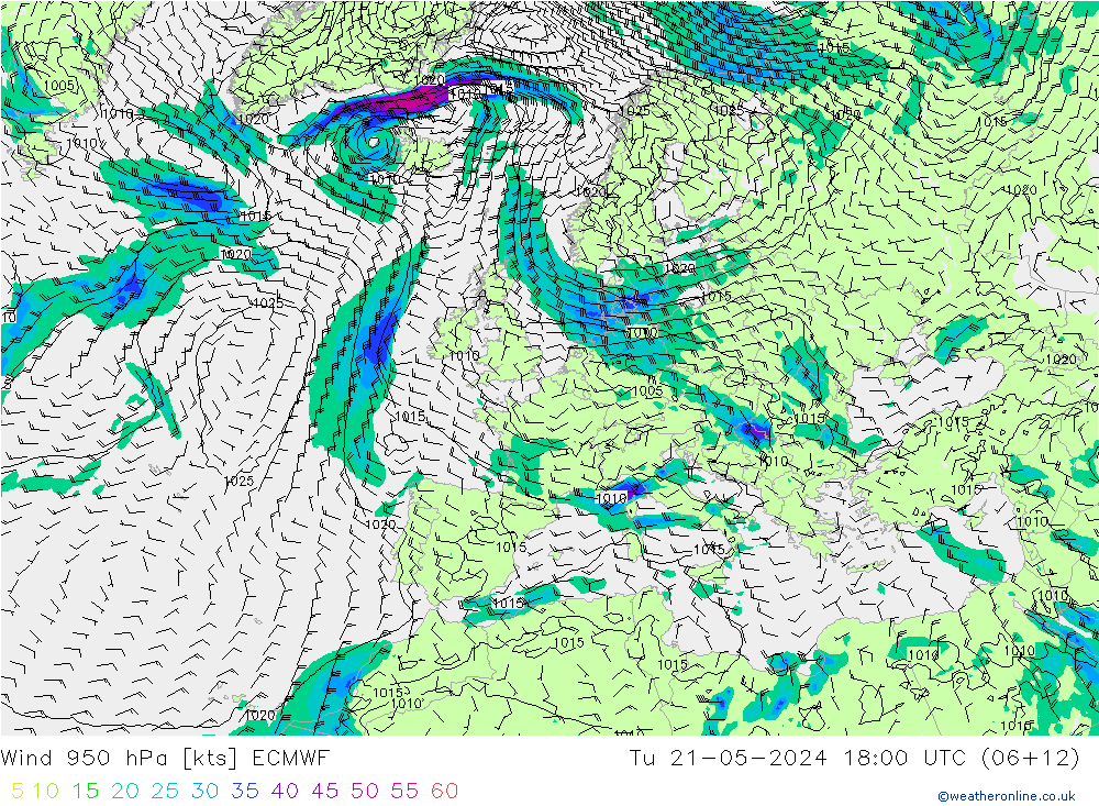 Wind 950 hPa ECMWF Út 21.05.2024 18 UTC