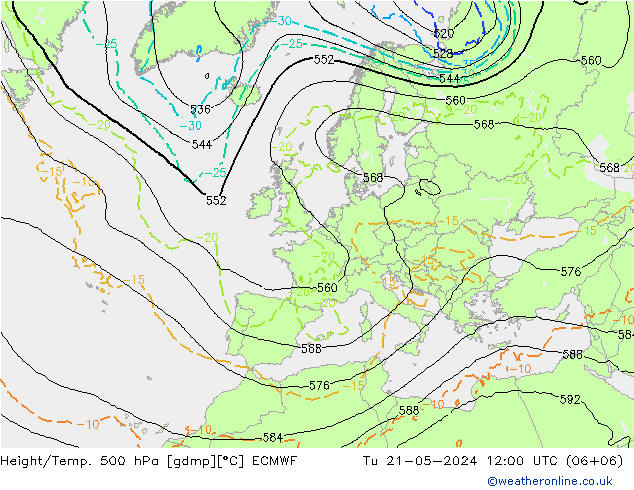 Z500/Rain (+SLP)/Z850 ECMWF 星期二 21.05.2024 12 UTC