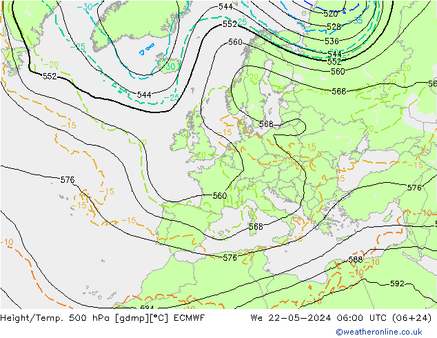 Hoogte/Temp. 500 hPa ECMWF wo 22.05.2024 06 UTC