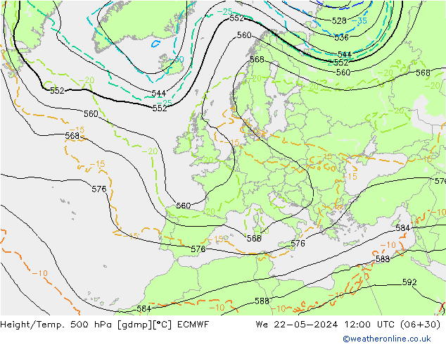 Z500/Rain (+SLP)/Z850 ECMWF Qua 22.05.2024 12 UTC