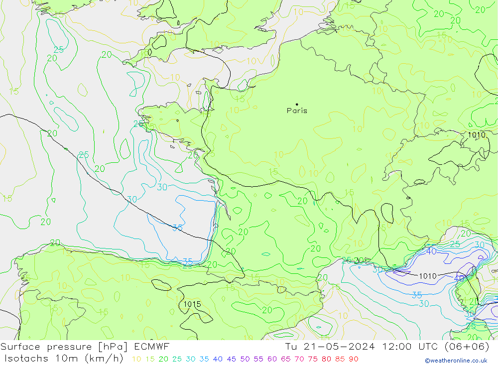 Izotacha (km/godz) ECMWF wto. 21.05.2024 12 UTC
