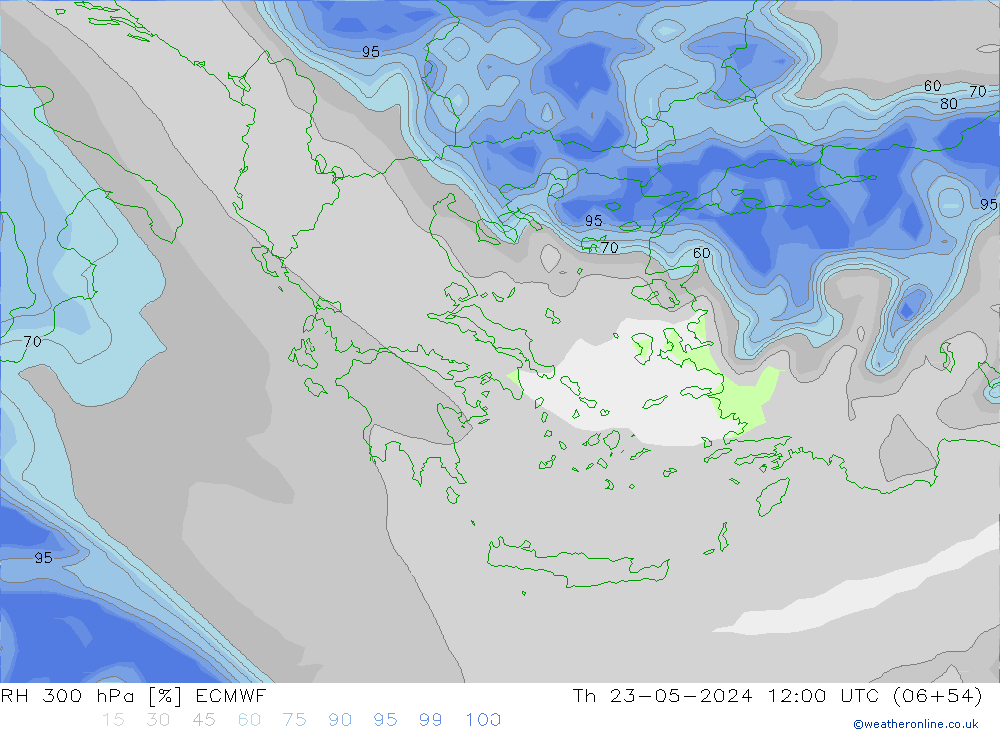 Humidité rel. 300 hPa ECMWF jeu 23.05.2024 12 UTC