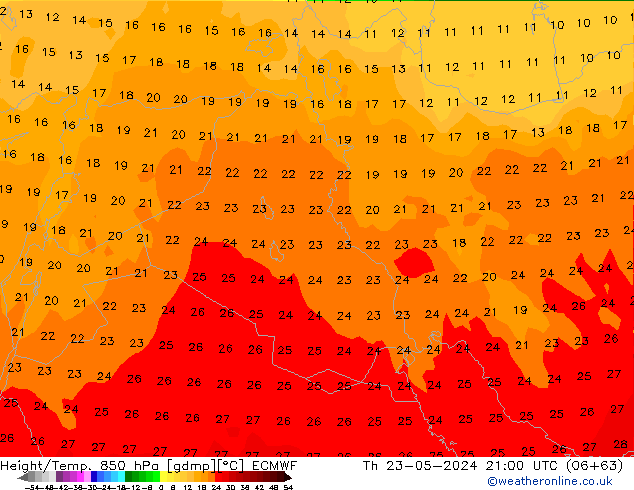 Height/Temp. 850 hPa ECMWF czw. 23.05.2024 21 UTC