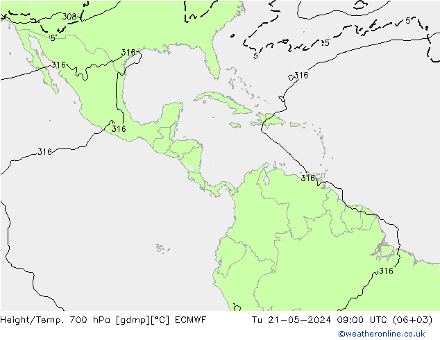 Yükseklik/Sıc. 700 hPa ECMWF Sa 21.05.2024 09 UTC