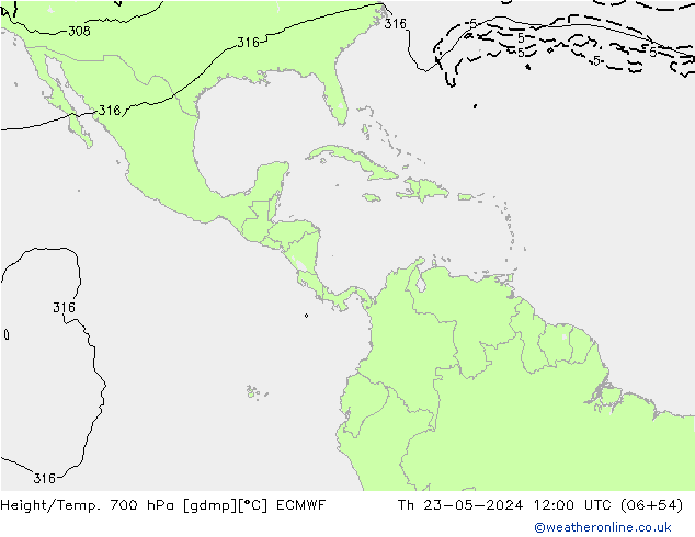 Height/Temp. 700 hPa ECMWF Th 23.05.2024 12 UTC