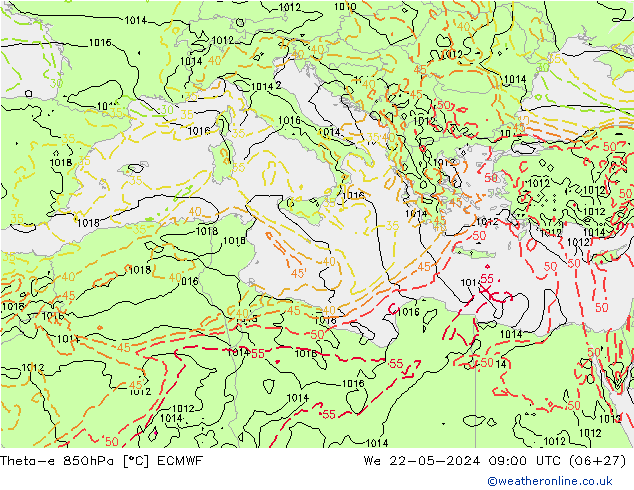 Theta-e 850гПа ECMWF ср 22.05.2024 09 UTC