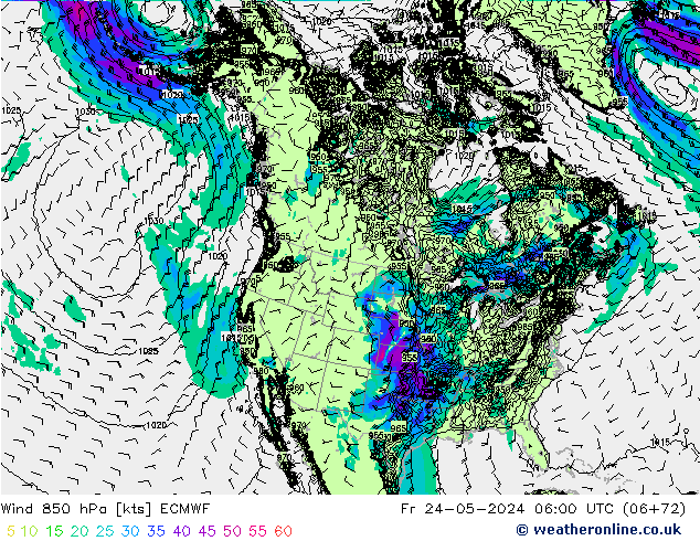 Rüzgar 850 hPa ECMWF Cu 24.05.2024 06 UTC