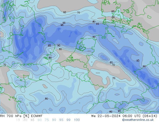 Humedad rel. 700hPa ECMWF mié 22.05.2024 06 UTC