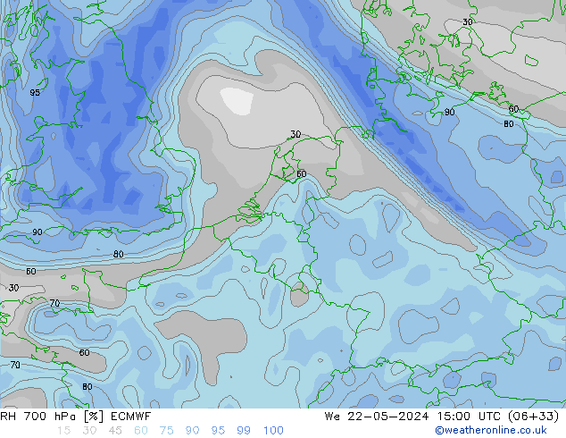 Humidité rel. 700 hPa ECMWF mer 22.05.2024 15 UTC