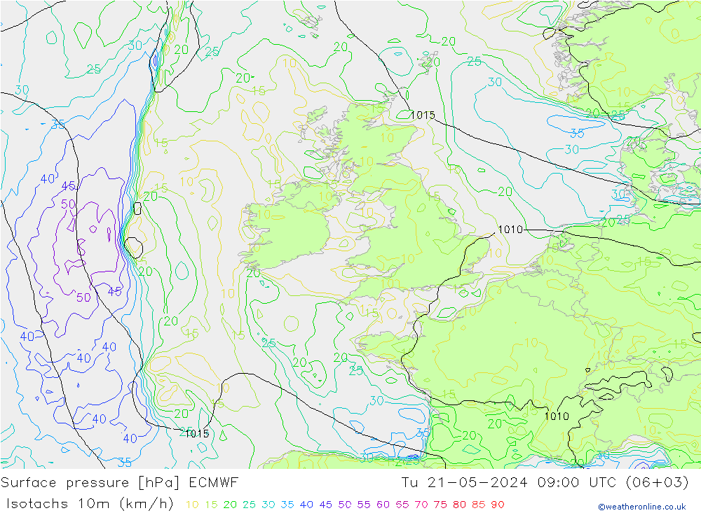 Isotachs (kph) ECMWF Tu 21.05.2024 09 UTC